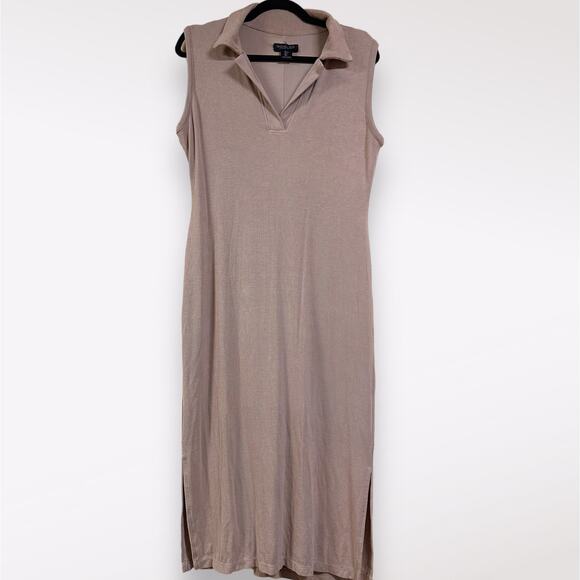 Rachel Zoe‎ L Ribbed Semi Fitted V-Neck Collared Midi Tan Brown Stretchy Dress - Picture 1 of 7